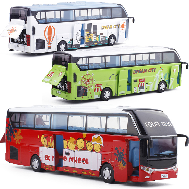 成真双节加长旅游巴士大巴公交车真人语音声光回力汽车模型玩具