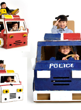 儿童创意可穿戴纸箱警车手工diy纸板大消防车救护车拼插模型玩具