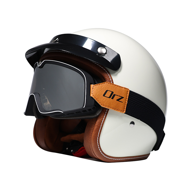 复古摩托车头盔男女哈雷半盔3C认证机车安全帽3/4盔风镜60S乳白色