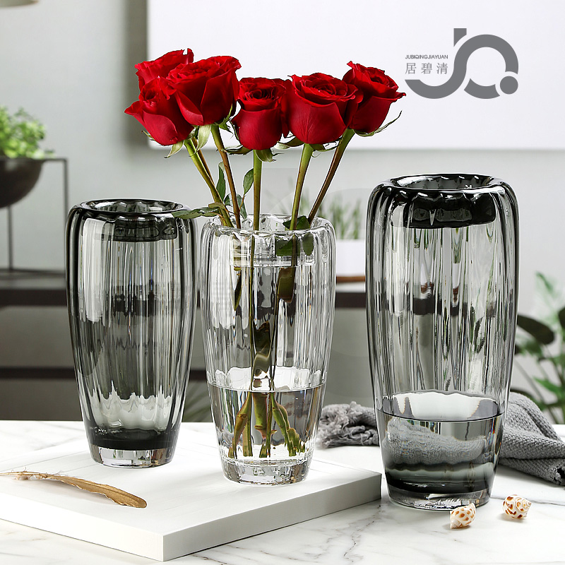 现代简约直纹开口玻璃花瓶插花花器家居客厅电视柜餐桌装饰百合花