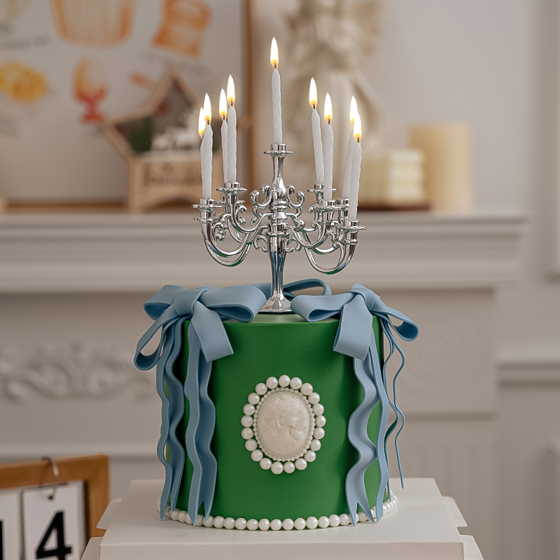 女神生日绿色蛋糕装饰复古烛台蜡烛摆件浮雕头像翻糖蝴蝶结装扮