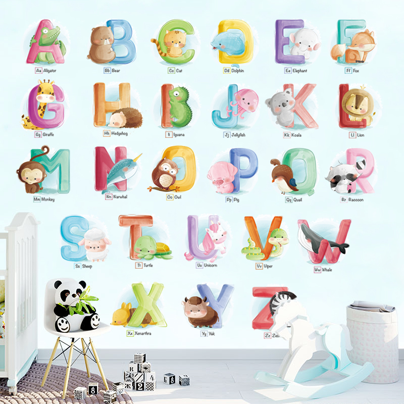 可移除墙贴卡通动物英文字母表看图识字趣味早教儿童房间幼儿园贴