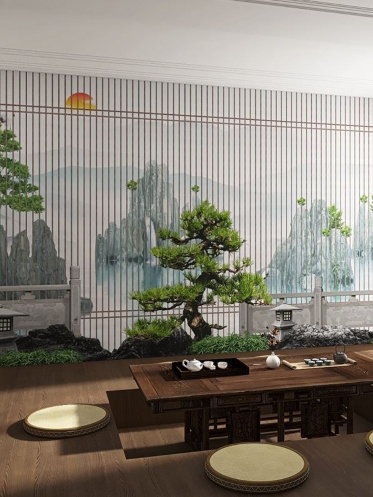新中式淡雅水墨山水画墙纸书房茶室装饰墙布古风背景墙壁纸壁画