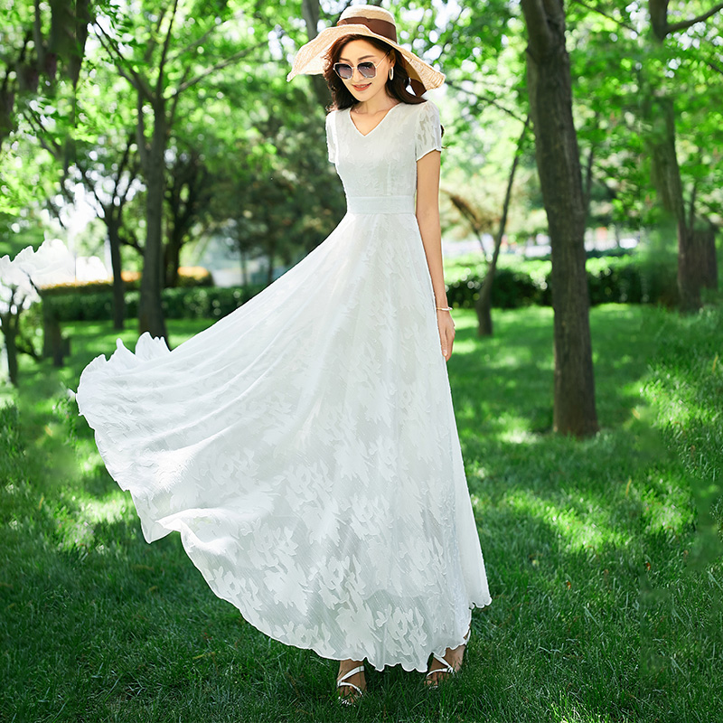 雪纺长款连衣裙女夏2023新款白色仙气大摆及踝长裙显瘦裙子超长