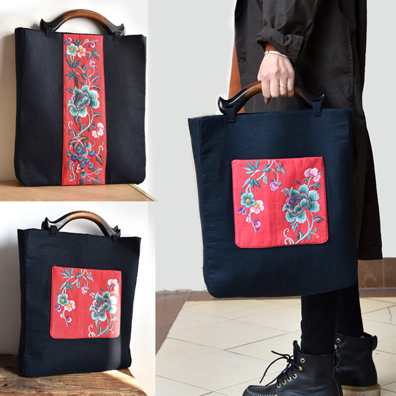 三绿中国风传统刺绣图案手工DIY亚麻布绣花装饰画手提包包材料包