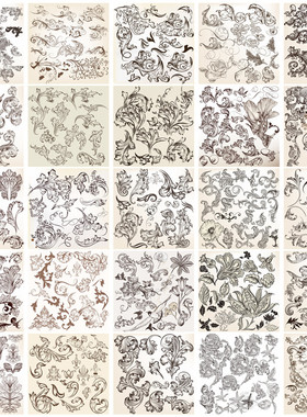 矢量设计素材 复古欧式花纹纹饰卷草花叶建筑浮雕元素图案 AI格式