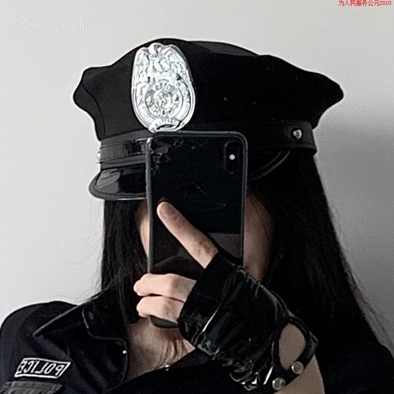 黑色欧美警察帽女服装八角帽平顶百搭万圣节角色扮演道具M表演服