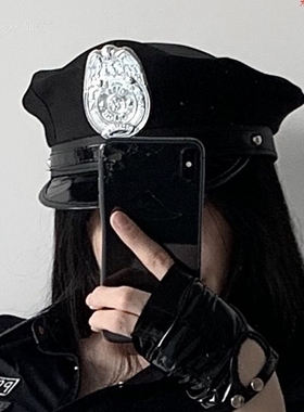 黑色欧美警察帽女服装八角帽平顶百搭万圣节角色扮演道具M表演服