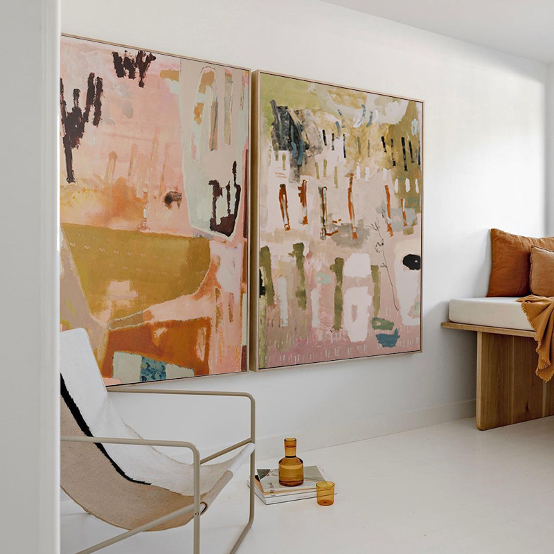莫兰迪少女心手绘油画抽象挂画大幅客厅沙发落地背景画玄关装饰画