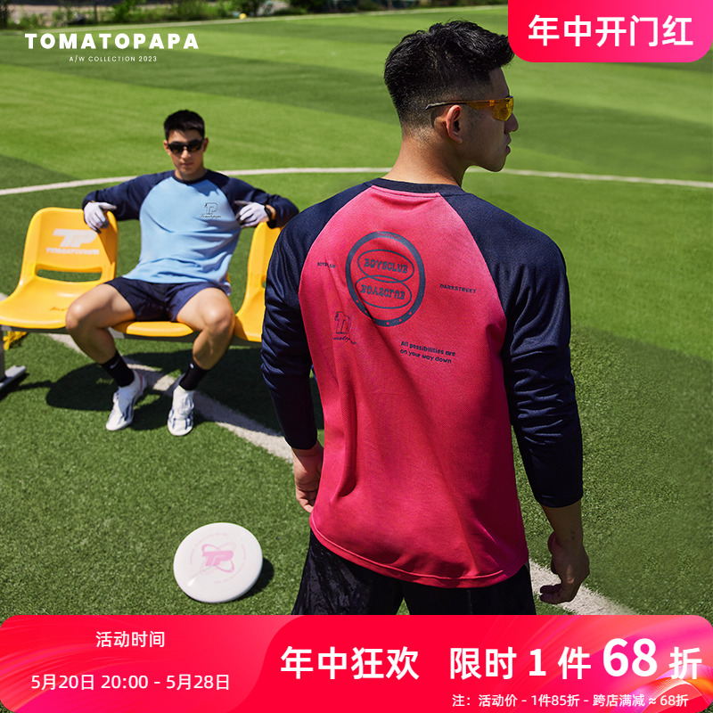 TOMATOPAPA原创美式插肩长袖T恤网孔透气薄训练健身男子运动上衣