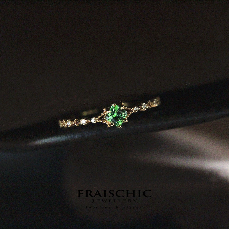 Fraischic「芫子」18K黄金镶嵌 天然沙佛莱绿宝石钻石 复古戒指女
