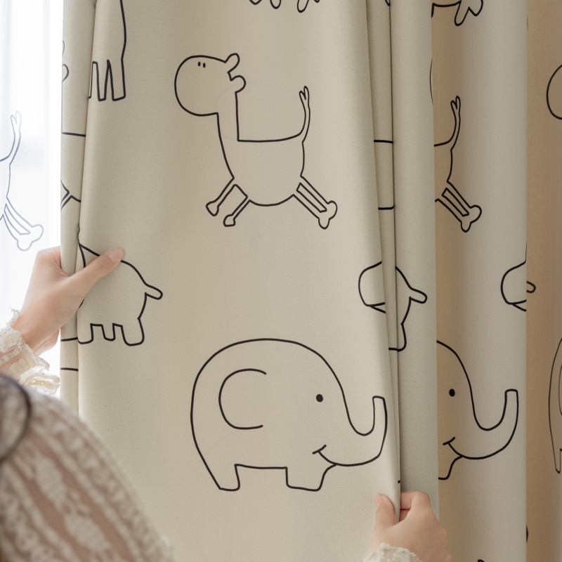 新款卡通可爱简笔画动物世界儿童房奶油风卧室遮光窗帘纱帘定制