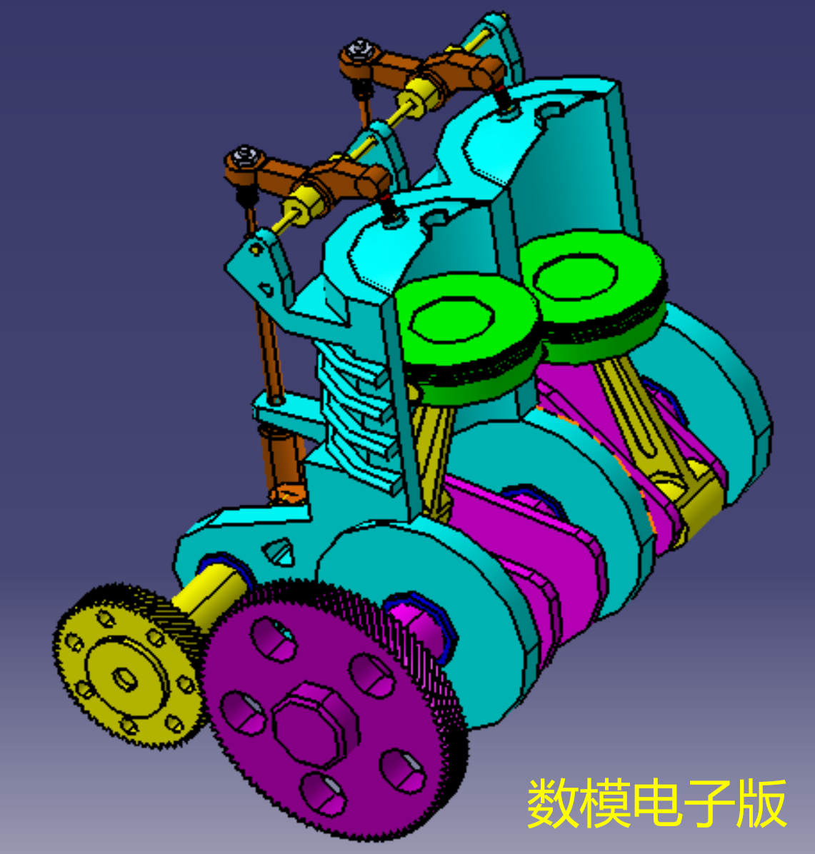 2双气缸发动机剖开三维几何数模型3D打印素材活塞曲轴连杆凸轮stp