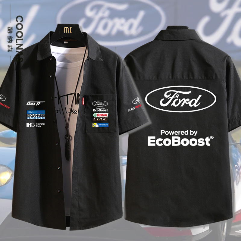 可定制图案logo福特GT汽车赛车服工装短袖衬衫男士宽松大码夏衬衣