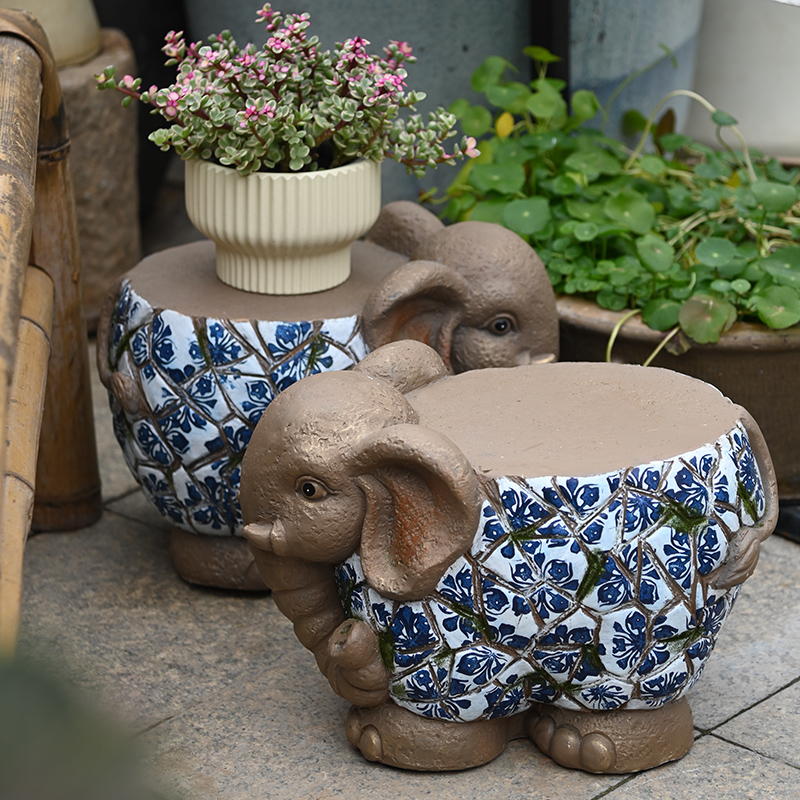 大象摆件花园庭院动物换鞋小凳子花盆底座装饰动物仿青花瓷新中式