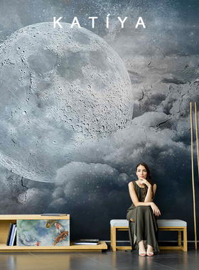北欧简约月亮艺术油画客厅电视背景墙壁纸无缝沙发壁画墙布