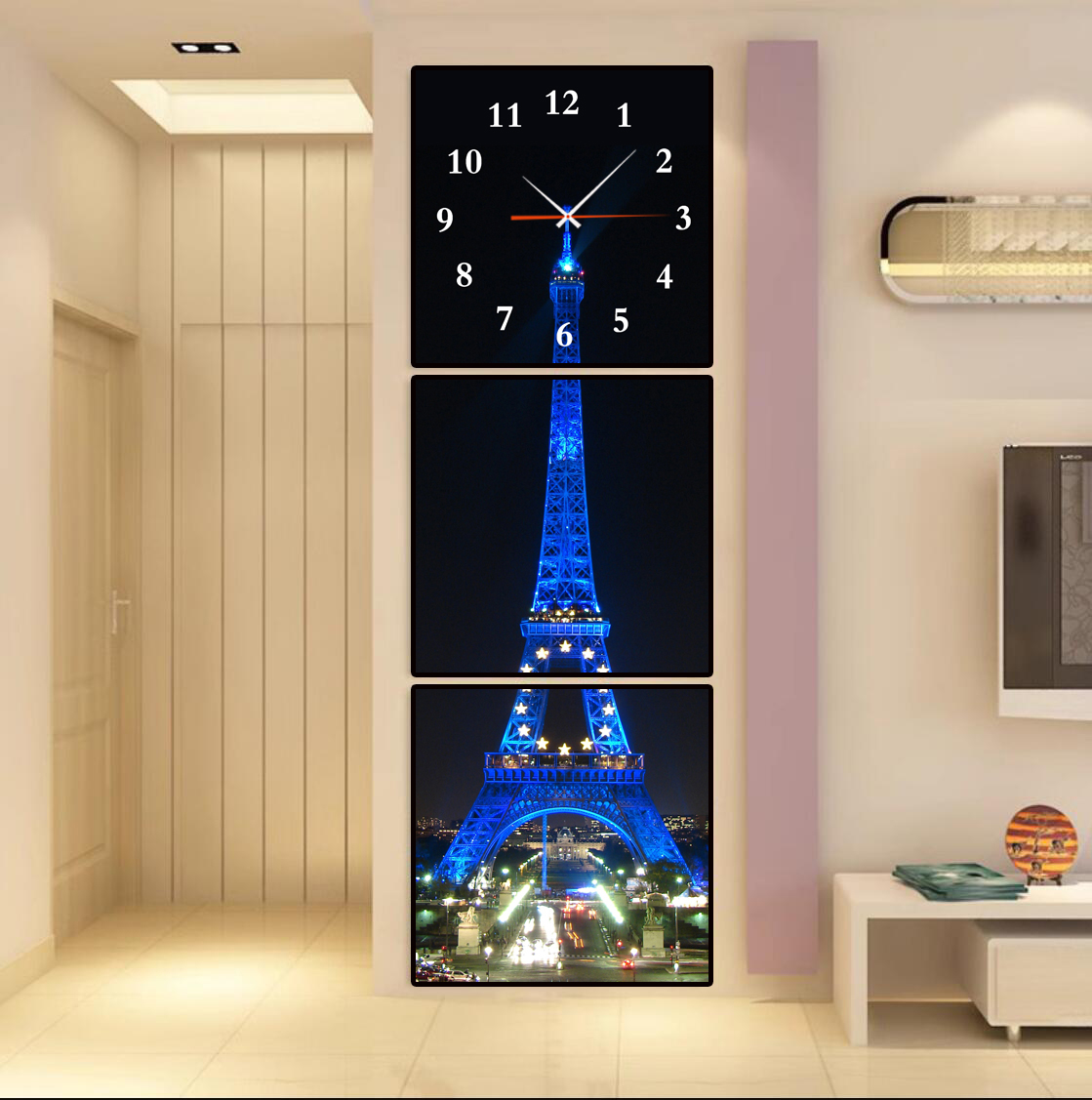 微框画挂钟艺术挂钟客厅钟表创意玄关楼梯三联装饰画 埃菲尔铁塔