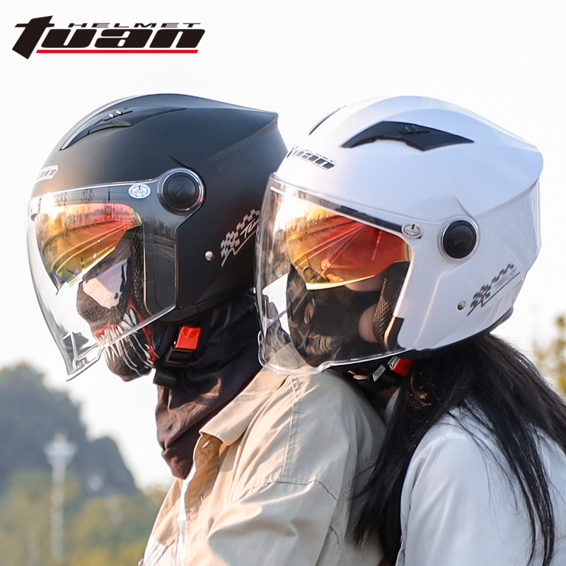 途安摩托车头盔3c认证四季通用双镜片四分之三半盔电动车安全帽