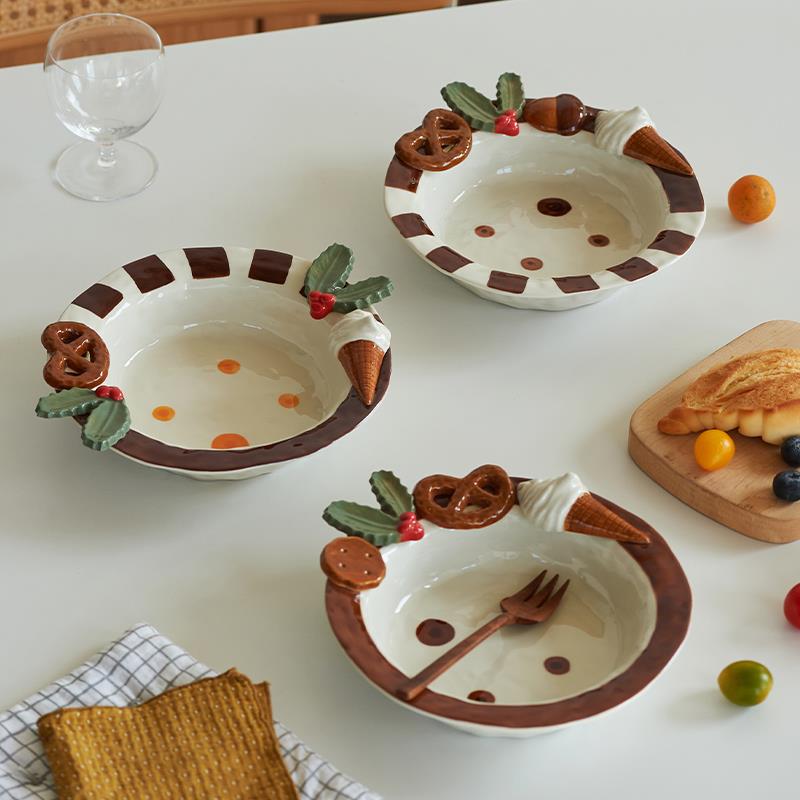手绘立体浮雕陶瓷甜品盘子高级感水果蔬菜沙拉盘网红高颜值意面盘