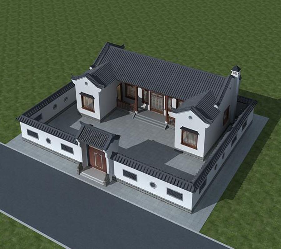一层农村自建房新中式三合院别墅设计平面图全套施工图外观效果图