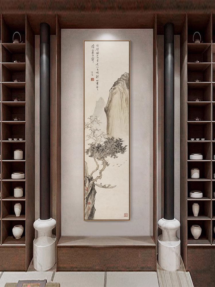 新中式山水画玄关竖版长条国画客厅过道挂画书房茶室装饰画古代画