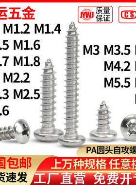 304不锈钢十字圆头自攻螺丝钉加长盘头小螺钉PA1M1.7M2M3M4M5M6M8