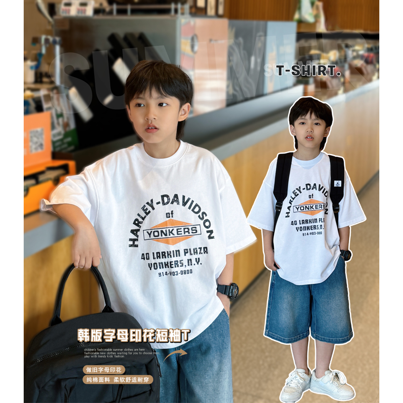 凯文家童装2024夏装新款 男童中大童韩版字母印花图案T恤儿童短袖