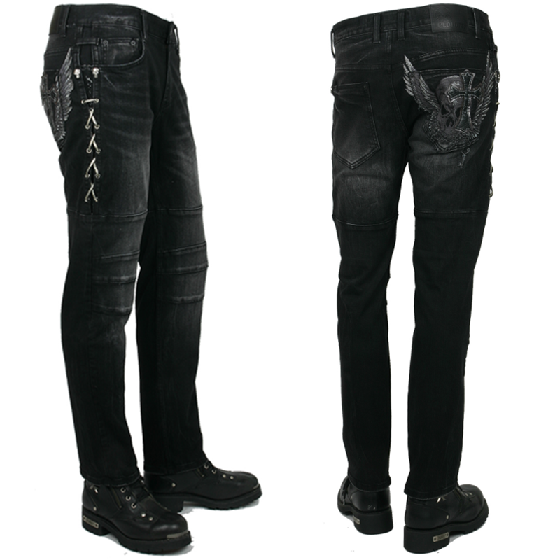 新款韩国产刺绣骷髅牛仔裤黑色哈雷印第安摩托车骑士骑行休闲裤