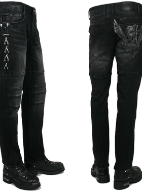 新款韩国产刺绣骷髅牛仔裤黑色哈雷印第安摩托车骑士骑行休闲裤