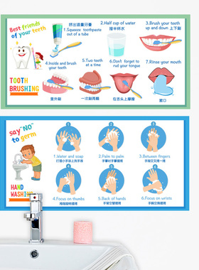 儿童洗手步骤贴纸刷牙步骤墙贴穿衣步骤墙贴小朋友洗手流程图