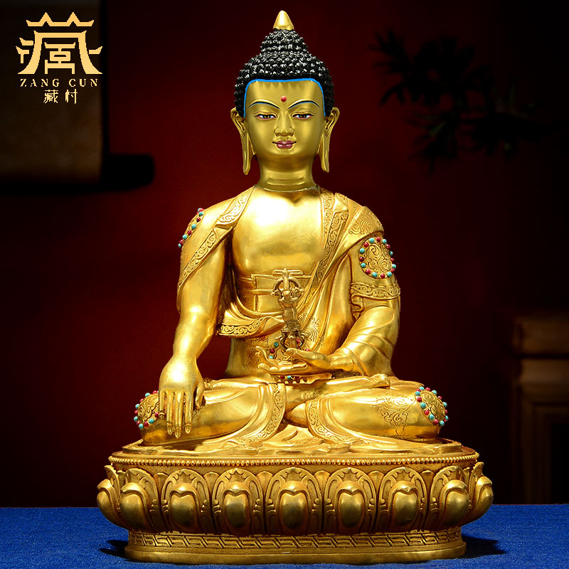 藏村家用10寸铜鎏金雕花《释迦牟尼不动佛》铜像室内客厅桌面摆件