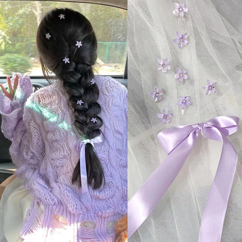 唯美温柔紫色小花发夹头饰花朵发饰女编发点缀的头花发卡子蝴蝶结