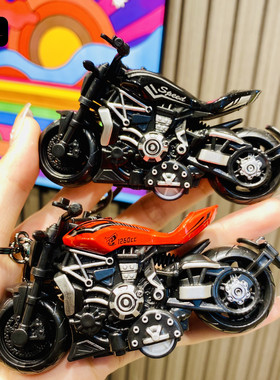 跨境合金复古摩托车回力哈雷摩托车钥匙扣模型小玩具车儿童玩具