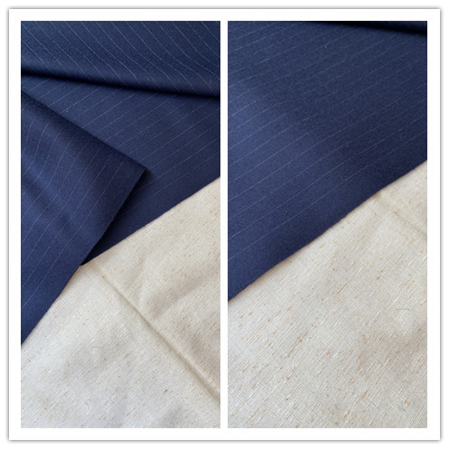 经典藏青色条纹高品质英国老料秋冬纯羊毛精纺面料高定设计师布料