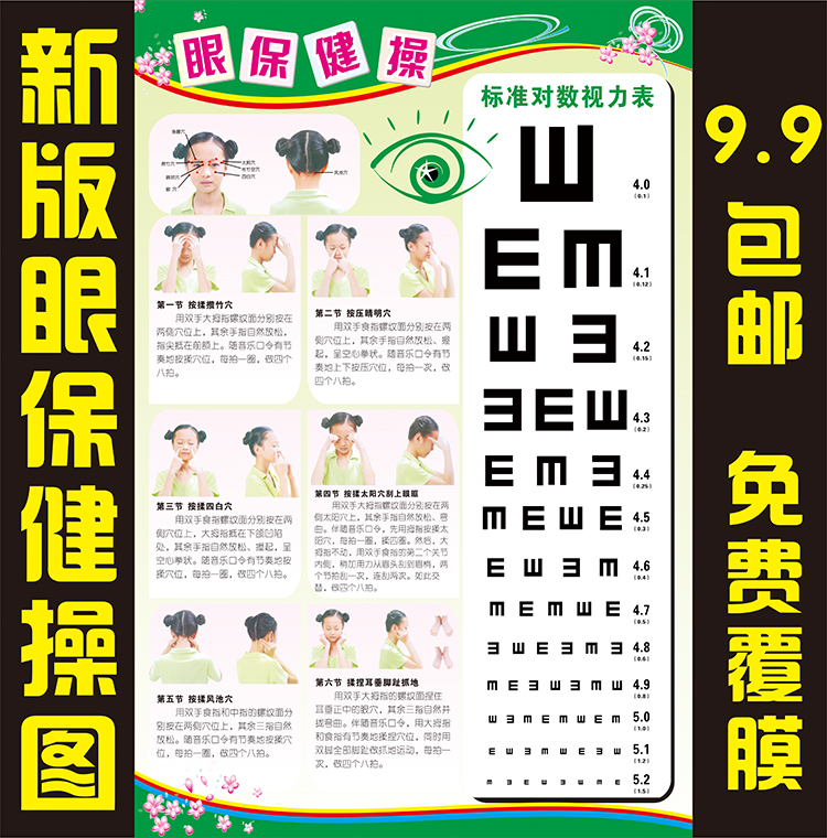 新版眼保健操图解挂图中小学生班级墙贴眼保健图标准对数视力表