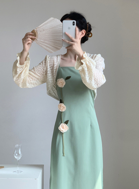 开衫配裙子两件套装裙2024新款新中式国风复古气质绿色吊带连衣裙