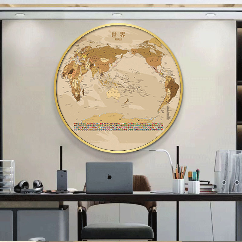 圆画世界地图装饰画客厅沙发挂画办公室玄关墙书房中国省份地图