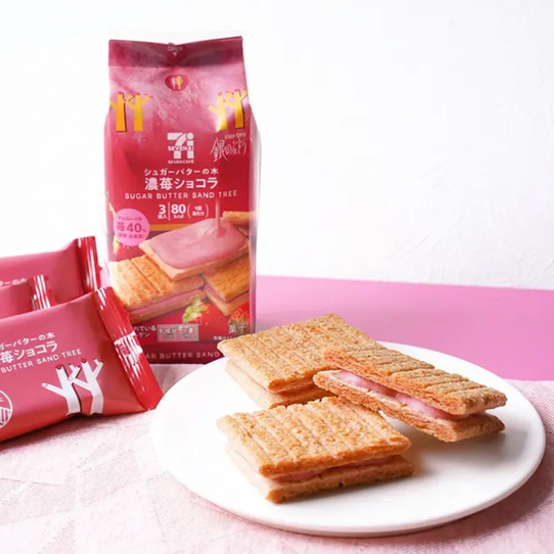 现货日本零食711期间限定 sugar tree 砂糖奶油树香浓草莓夹心饼