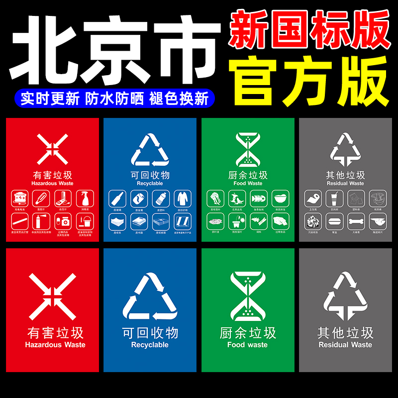 北京市垃圾分类标识贴纸新版国标小区公司垃圾桶宣传海报有害其他厨余垃圾标志可回收物标签提示告示标语墙贴