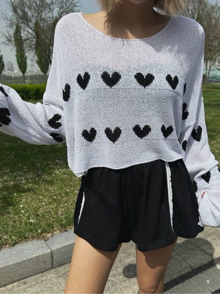 韩国chic宽松慵懒爱心图案短款长袖冰丝针织防晒衫薄款上衣T恤夏