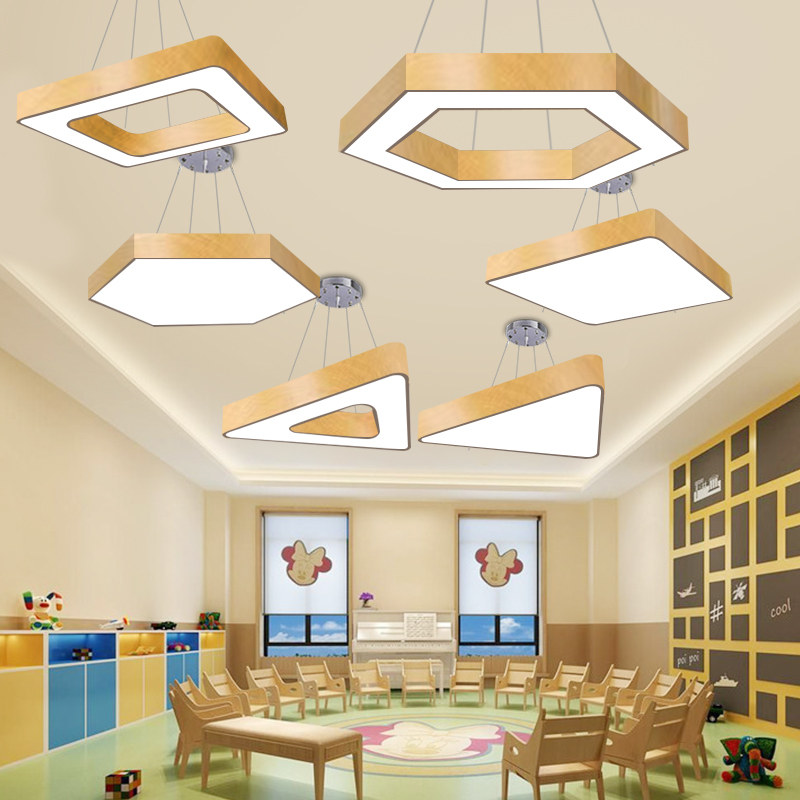 创意六边形三角形led办公室网吧健身房幼儿园教室木纹吊灯造形灯