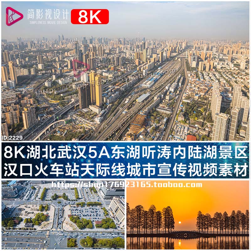 8K湖北武汉东湖听涛内陆湖景区汉口火车站天际线城市宣传视频素材