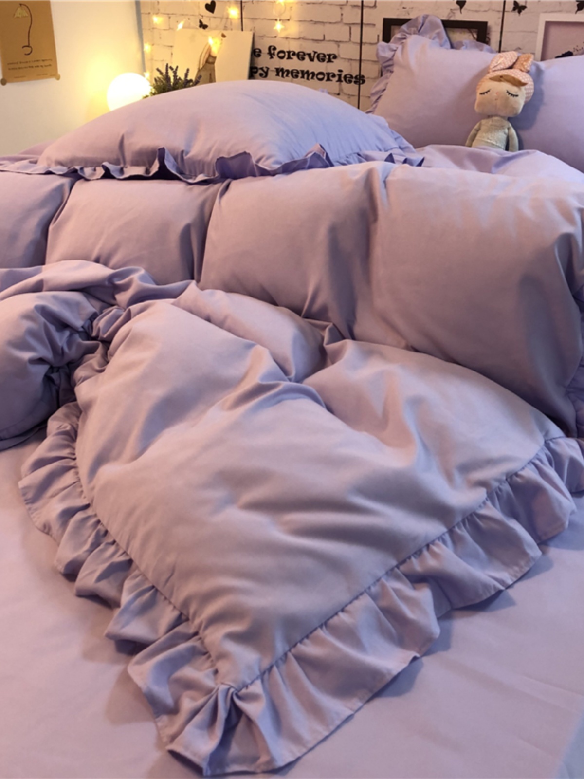 韩式美丽仙女紫四件套荷叶花边被套床单纯色简约公寓三件套1.5m女