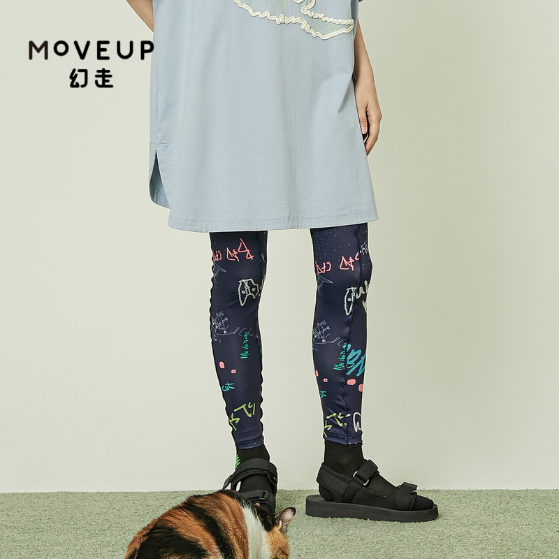 MOVEUP幻走2021夏季新款.FUN系列猫咪涂鸦图案针织光泽感打底裤女