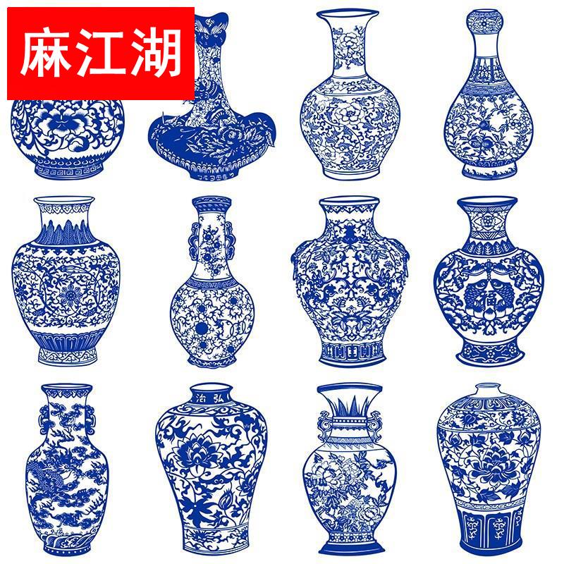 青花瓷花瓶剪纸图案黑白打印底稿12张高清中国风手工刻纸图样素材