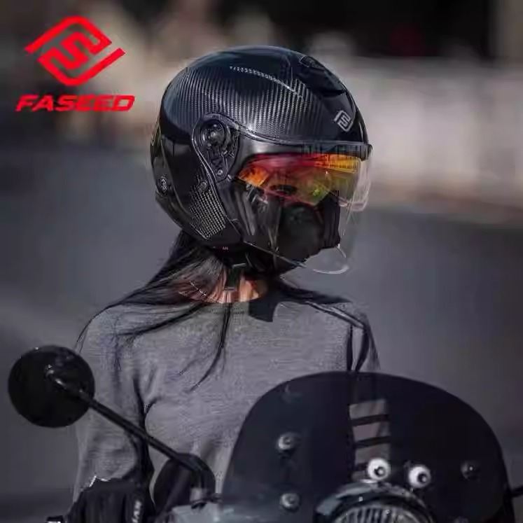 FASEED碳纤维半盔FS-736男女夏季机车双镜四分之三头盔摩托车头盔