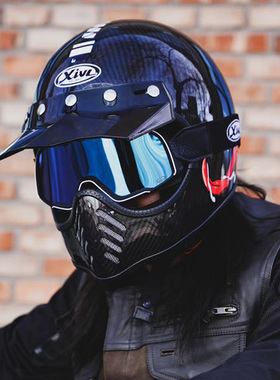 XIVL摩托车复古头盔拉力巡航盔越野哈雷碳纤维头盔男全盔夏季个性