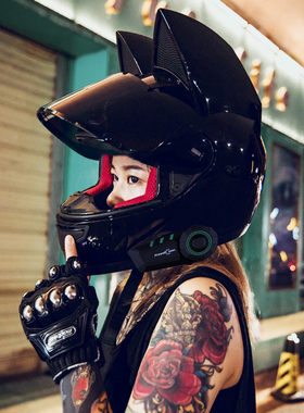 新款HNJ电动摩托车猫耳朵头盔女蝴蝶结可爱情侣机车全盔男安全盔