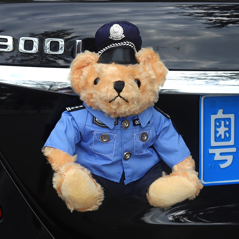 新款汽车尾部挂件交警小熊玩偶可爱后备箱摩托车摆件车外装饰品公