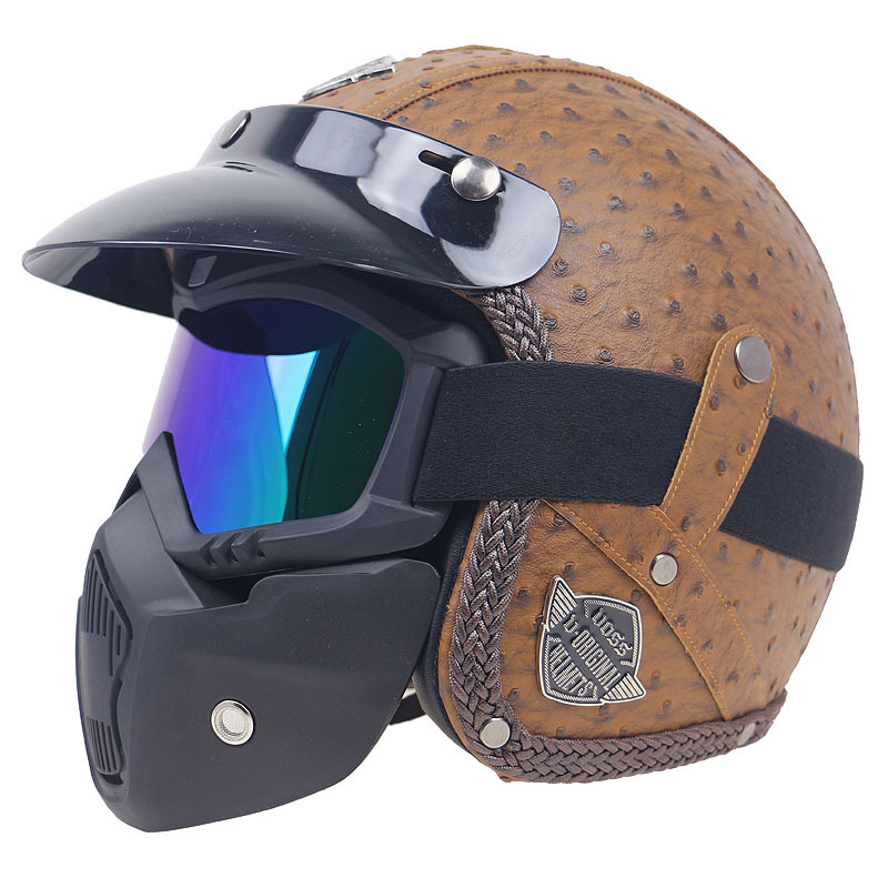 皮革头盔高端摩托车半盔复古哈雷骑行防护盔多种颜色可选 配面罩